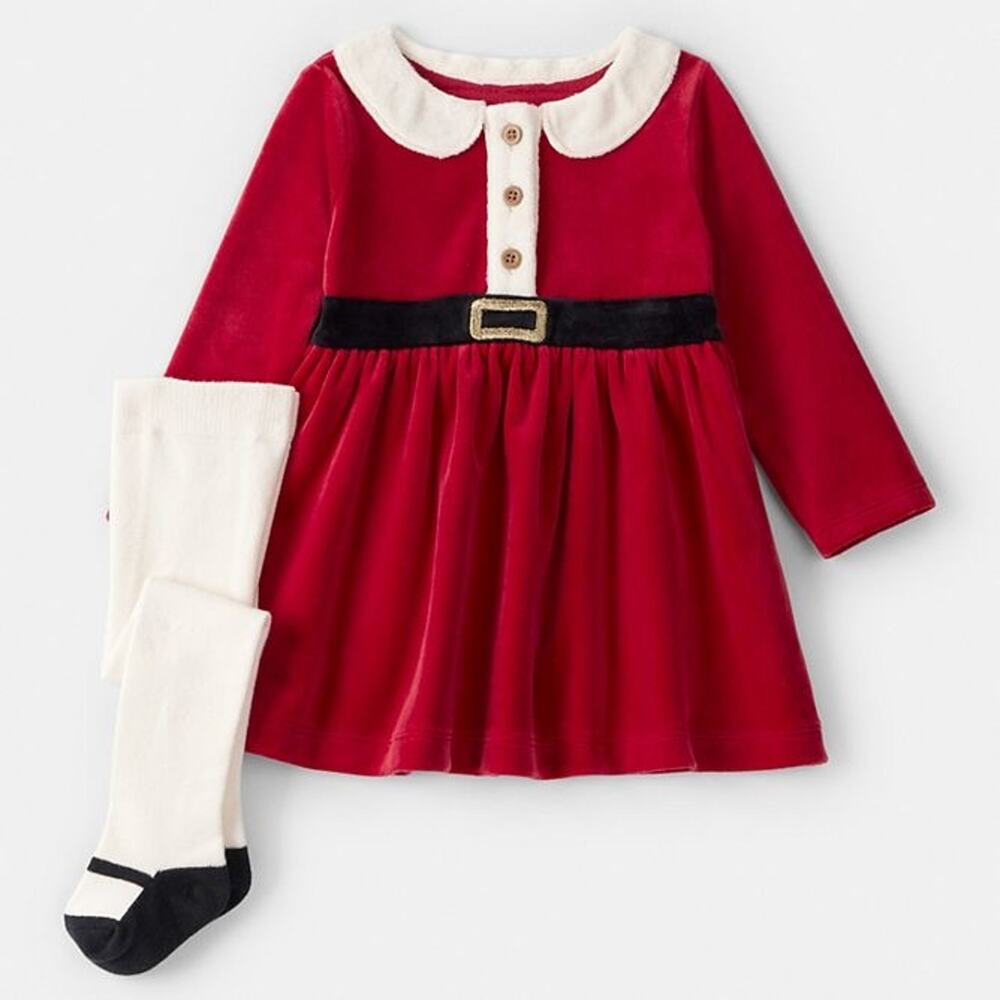 NEW! 12M Carter's Baby Girls Christmas 2PC Santa Dress & Tights Set